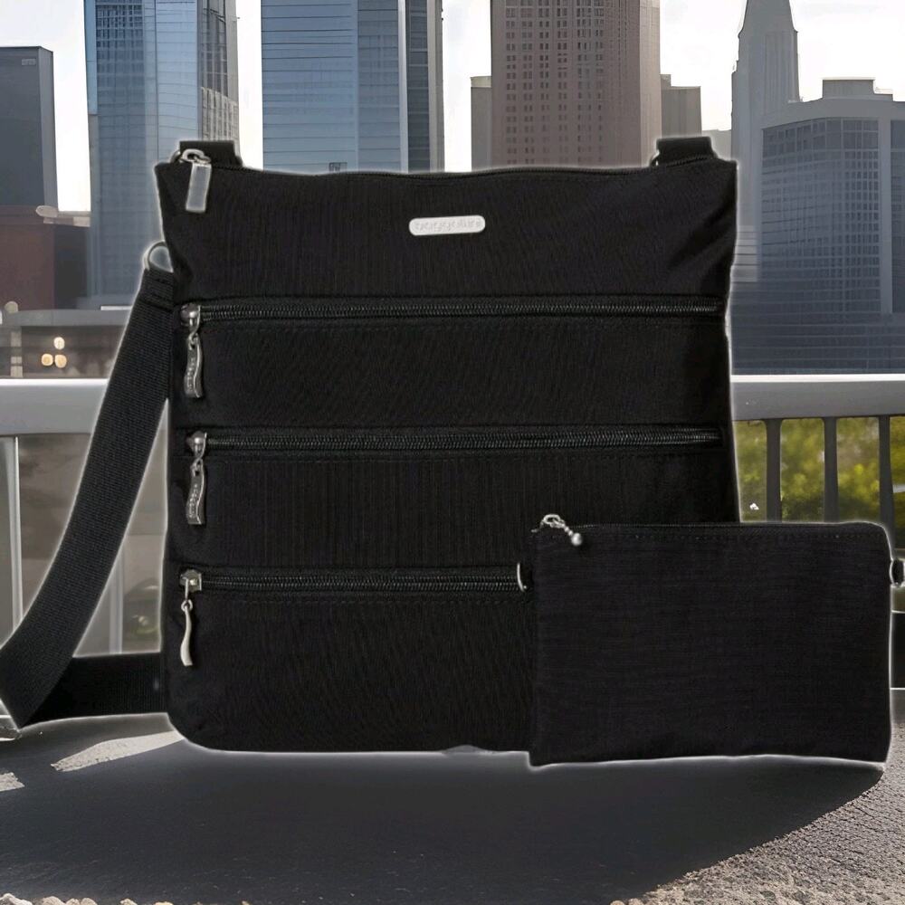 New Baggallini Big Zipper Travel Crossbody Bag with RFID Wristlet Black 11x11